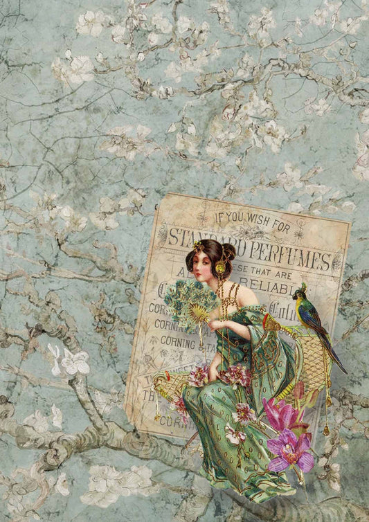 Decoupage Queen Sweet Perfume DQRP 0155 Size: A4 - 8.3" X 11.7" Rice Paper, Decoupage, Floral, Woman, Asian Woman, Bird, Flowers