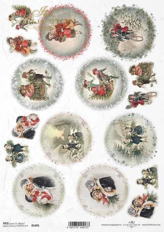 ITD Collection Rice Paper for Decoupage R1491, Size A4 - 210x297 mm, 8.27x11.7 inch, Vintage Christmas, children, Rounds, Ornaments