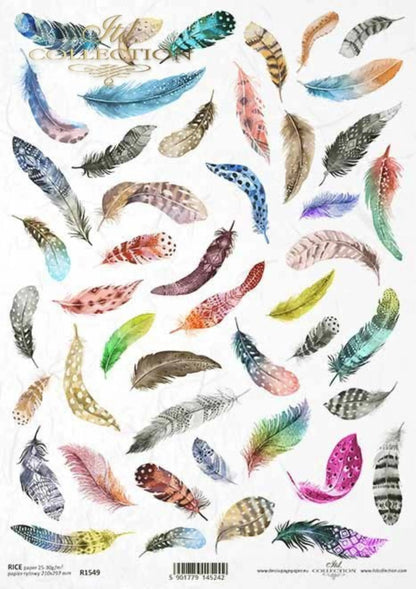 ITD Collection Rice Paper for Decoupage R1549 Size A4 - 210x297 mm, 8.27x11.7 inch, small, large colorful bird feathers, multicolor feathers ITD Collection
