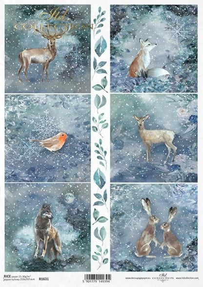 ITD Collection Rice Paper for Decoupage R1631 Size A4 - 210x297 mm, 8.27x11.7 inch Christmas, winter forest animals, blue Snow, Deer ITD Collection