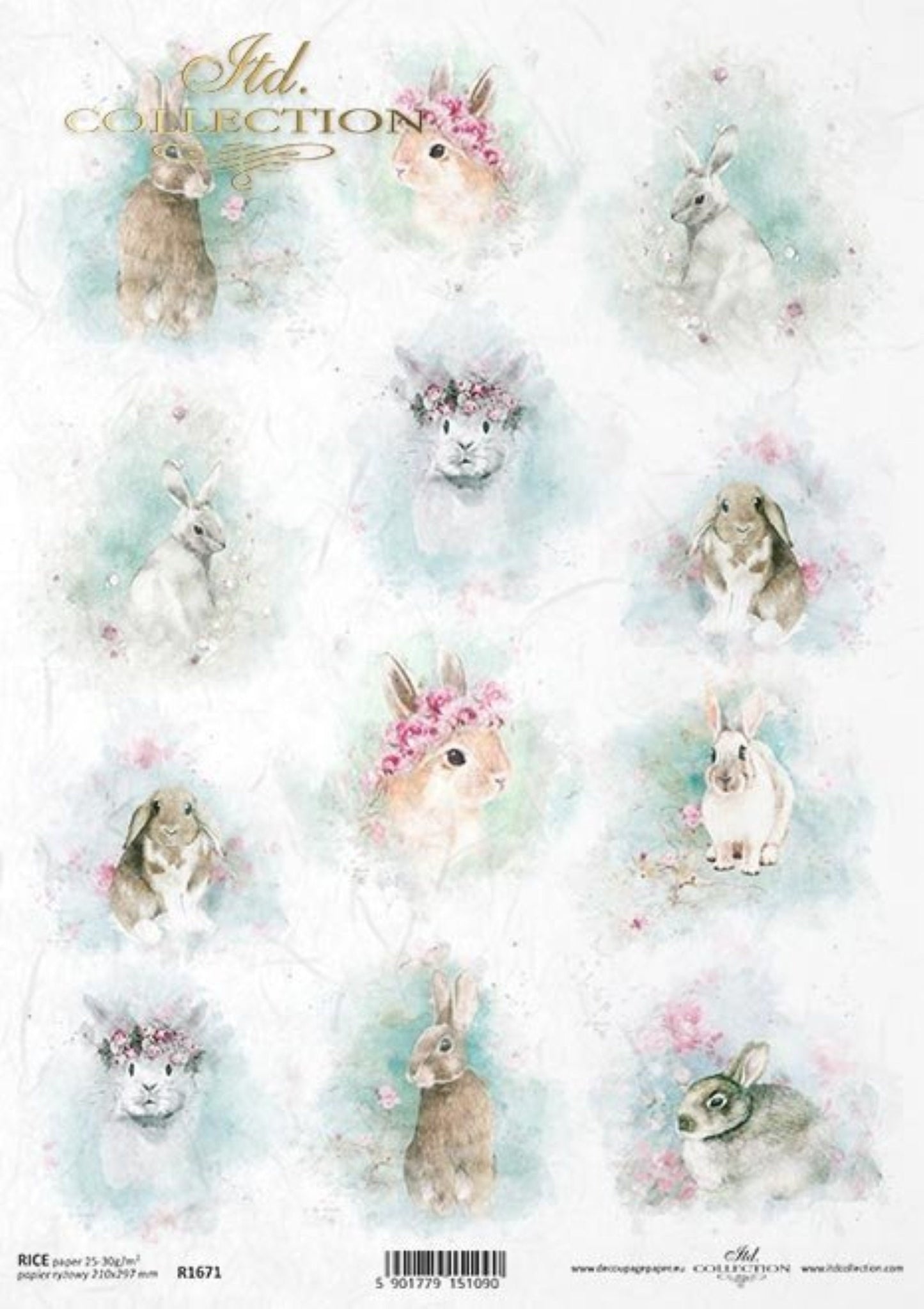 ITD Collection Rice Paper for Decoupage R1671, Size A4 - 210x297 mm, 8.27x11.7 inch, Shabby Chic, watercolors, spring, Easter bunnies Rounds