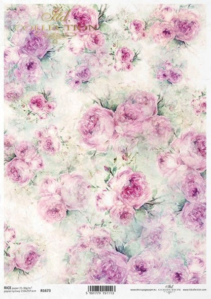 ITD Collection Rice Paper for Decoupage R1673, Size A4 - 210x297 mm, 8.27x11.7 inch, Shabby Chic, background, wallpaper, pastel pink roses ITD Collection