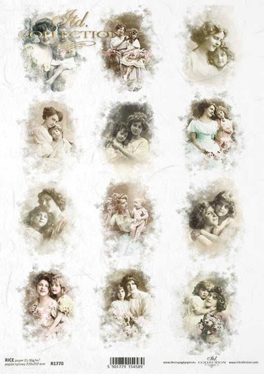 ITD Collection Rice Paper for Decoupage R1770, Size A4 - 210x297 mm, 8.27x11.7 inch, vintage photos, mother with child, children, ovals