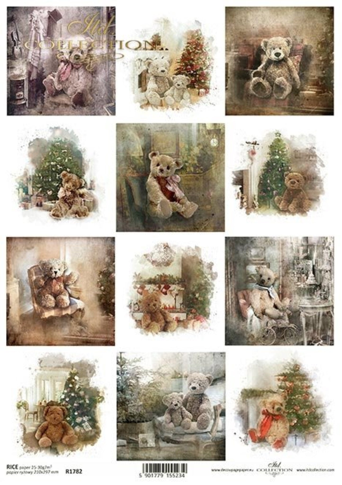 ITD Collection Rice Paper for Decoupage R1782, Size A4 - 210x297 mm, 8.27x11.7 inch, Teddy, teddy bears, Christmas tree, Christmas squares