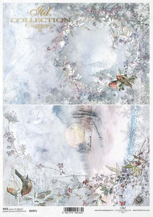 ITD Collection Rice Paper for Decoupage R1971 Size A4 - 210x297 mm, 8.27x11.7 inch, ice, frost, views, birds, winter landscape, Christmas