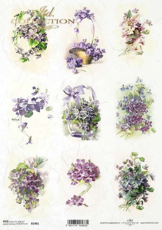 ITD Collection Rice Paper for Decoupage R1981 Size A4 - 210x297 mm, 8.27x11.7 inch, spring flowers, violets, bouquets, purple, baskets