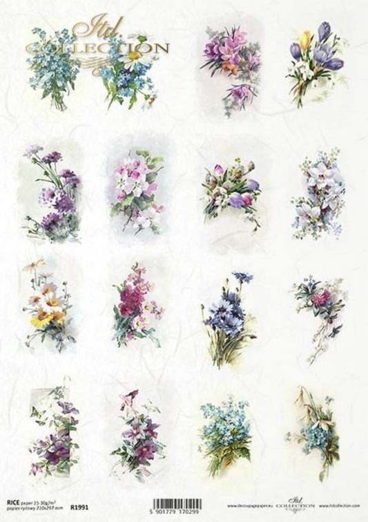 ITD Collection Rice Paper for Decoupage R1991 Size A4 - 210x297 mm, 8.27x11.7 inch, spring flowers, forget-me-nots, bouquets squares