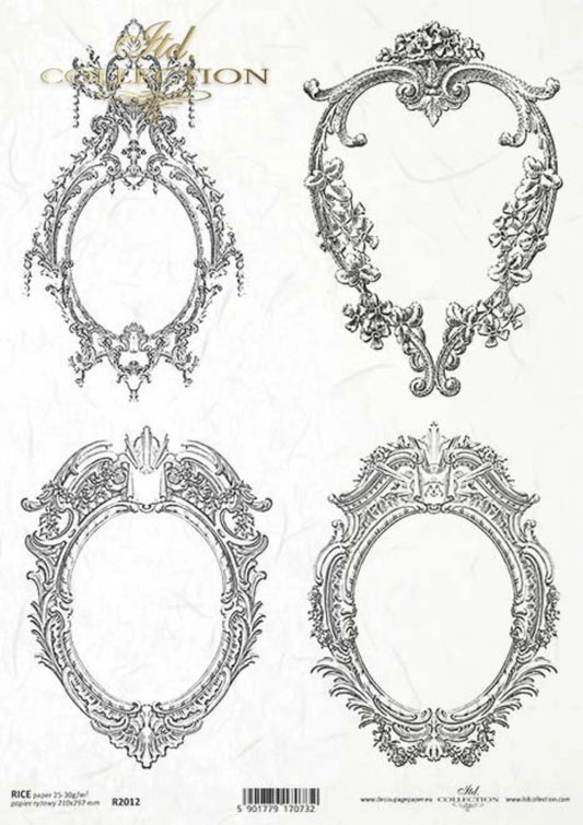 ITD Collection Rice Paper for Decoupage R2012 Size A4 - 210x297 mm, 8.27x11.7 inch, decorative frames, oval Victorian black frames, vintage ITD Collection