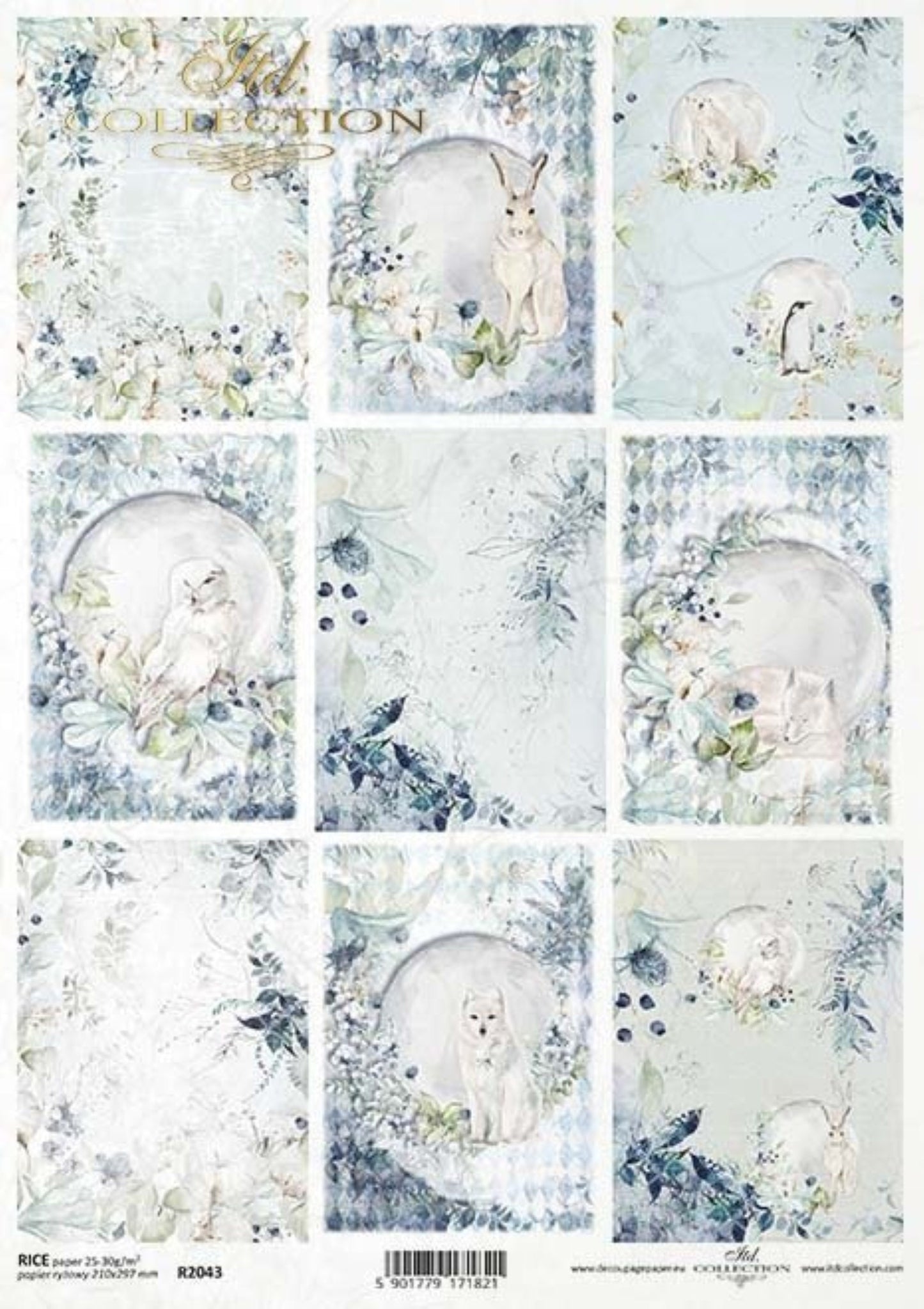 ITD Collection Rice Paper for Decoupage R2043 Size A4 - 210x297 mm, 8.27x11.7 inch, Arctic animals, polar bear, penguin, fox, owl, squares