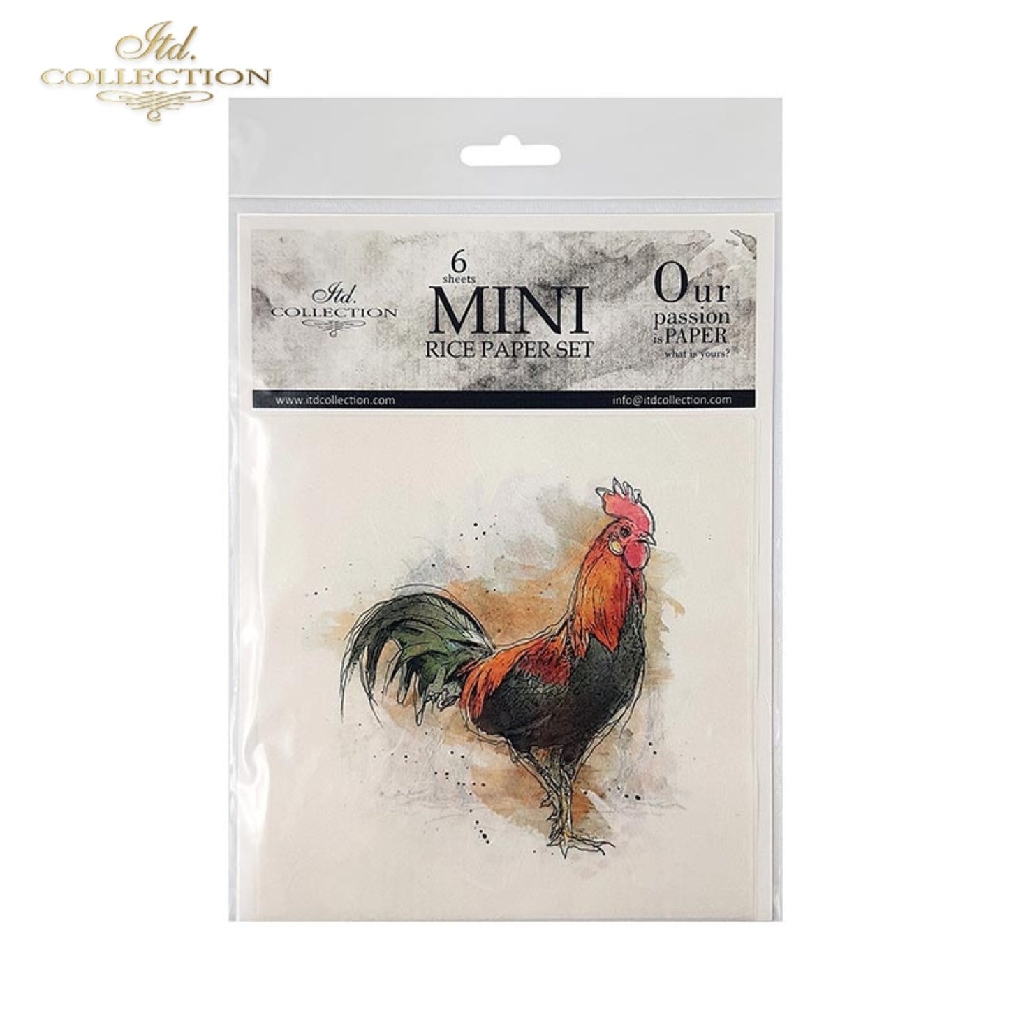 ITD Collection Rice Paper Mini Set for Decoupage RSM004, 6 sheets of rice paper 14,8x14,8 cm, Chickens, Roosters, Farm Animals