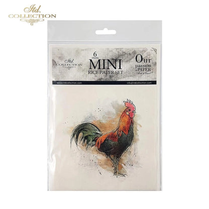 ITD Collection Rice Paper Mini Set for Decoupage RSM004, 6 sheets of rice paper 14,8x14,8 cm, Chickens, Roosters, Farm Animals ITD Collection