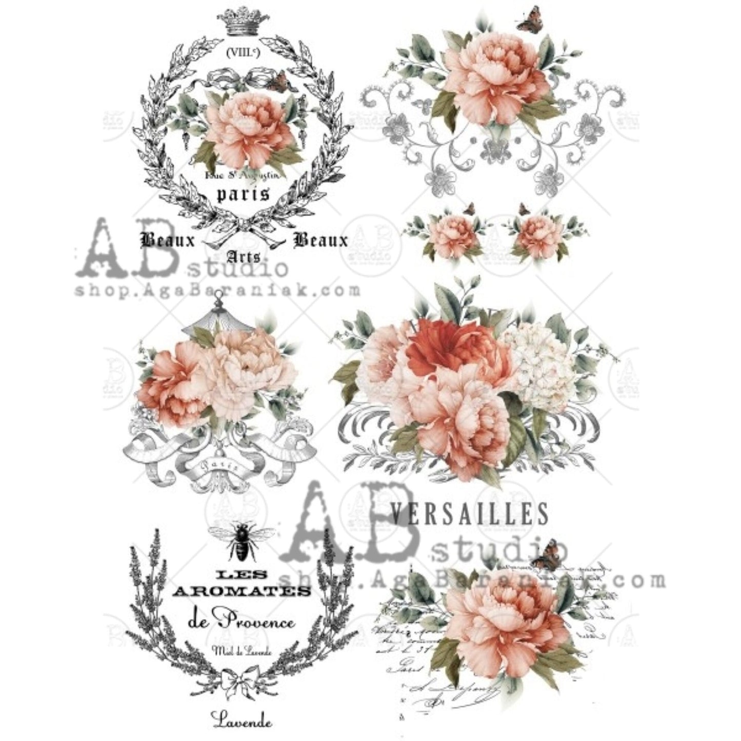 AB Studio, Peach, Shabby Chic, roses, Floral, bouquets, 0676 Size: A4 - 8.27 X 11.69 inches Rice Paper for Decoupage Imported from Poland
