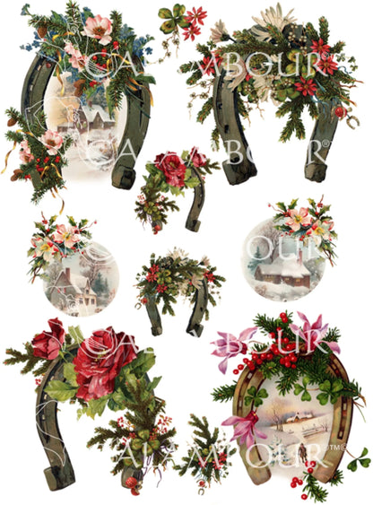 Calambour Italian Design Christmas Flowers, Horseshoes, Rounds, Mulberry Rice Paper for Decoupage 23 x 32 cm 9 x 12.5 in A4 Calambour