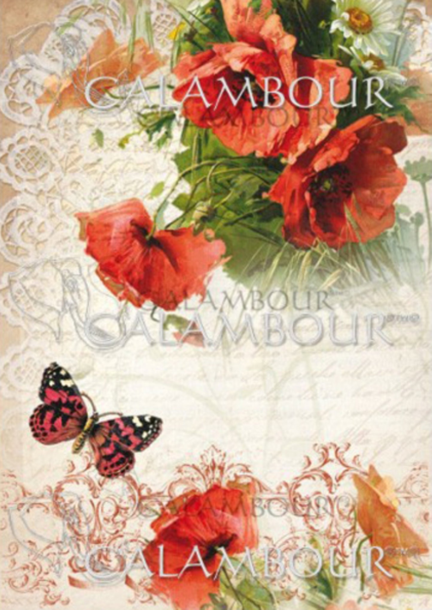 Calambour Italian Design Parisienne Collection, Red Flowers, Butterfly, TT014 Mulberry Rice Paper Decoupage 23 x 32 cm 9 x 12.5 in A4