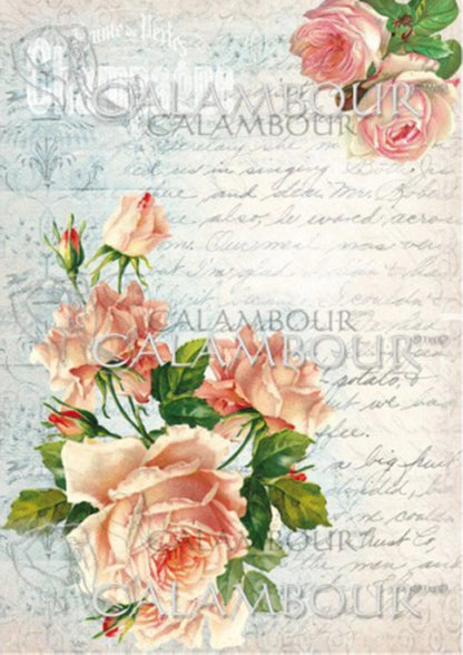 Calambour Italian Design Parisienne Collection, Shabby Chic, Pink Roses, TT009 Mulberry Rice Paper Decoupage 23 x 32 cm 9 x 12.5 in A4 Calambour