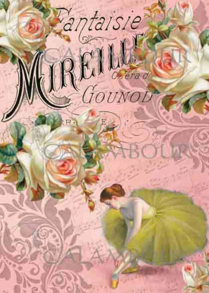 Calambour Italian Design Opera Collection, Pink Roses, Ballerina, TT015 Mulberry Rice Paper Decoupage 24.7 x 34.5 cm 9.72 x 13.58 in Calambour