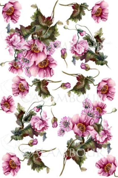 Calambour Italian Design, Rusty Chic Collection, Shabby Chic, Pink Flowers, Stems, TCR-48 Rice Paper Decoupage 32 x 45 cm 12.5 x 17 in Calambour