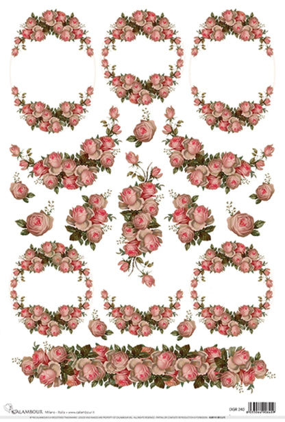 Calambour Design, Victorian Collection, Shabby Chic, Pink Roses, Garland, Frames, DGR-240, Rice Paper Decoupage 32 x 45 cm 12.5 x 17 in Calambour