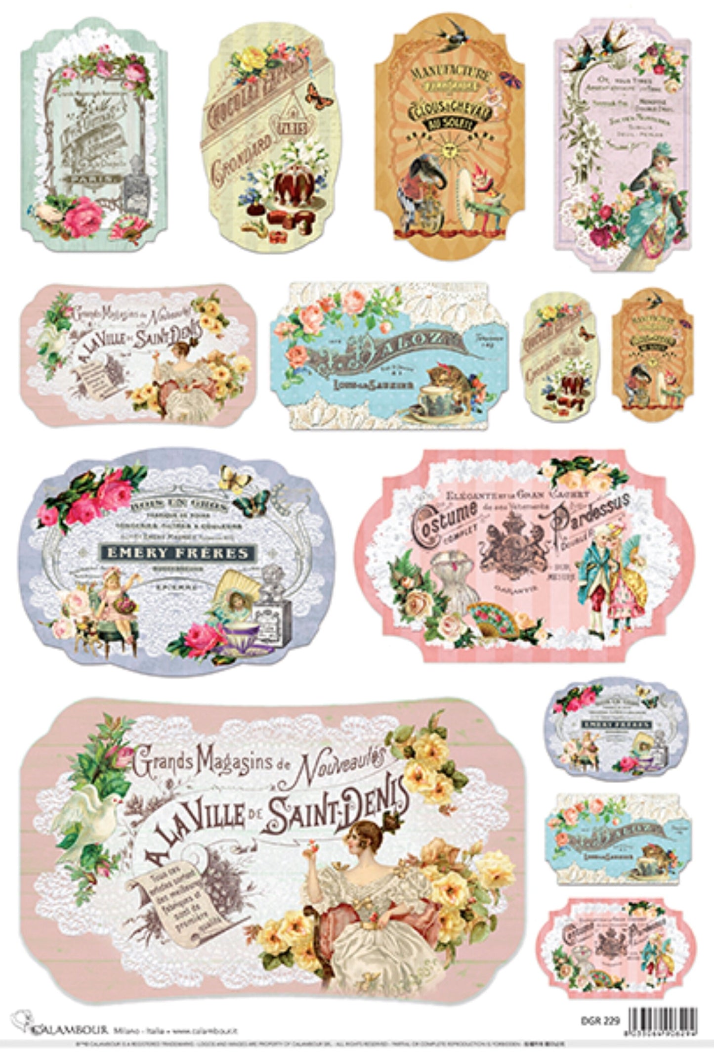 Calambour Design, Bonheur Collection, Shabby Chic, Vintage Style, Cards, Labels, DGR-229, Rice Paper Decoupage 32 x 45 cm 12.5 x 17 in