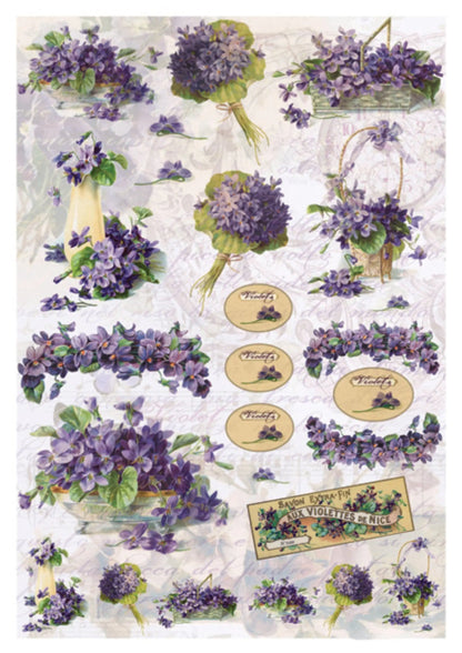 Calambour Design, Katherine Klein Collection, Shabby Chic, Purple Violets, labels, DGR-169, Rice Paper Decoupage 32 x 45 cm 12.5 x 17 in Calambour