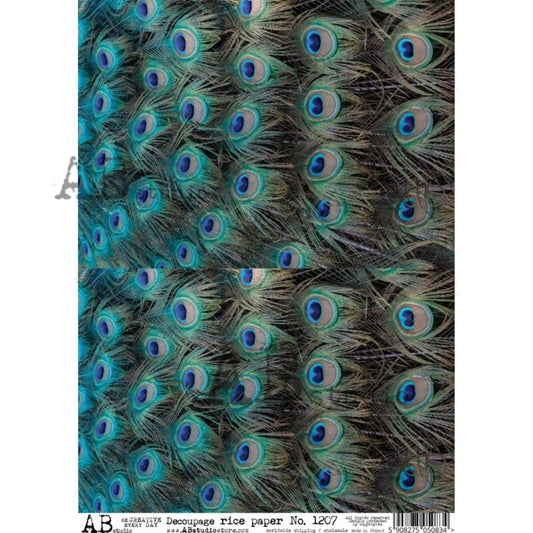 AB Studio Shabby Chic,  Peacock, Feathers, Background, Blue, 1207, Size: A4 - 8.27 X 11.69 inches Rice Paper Decoupage Imported Poland