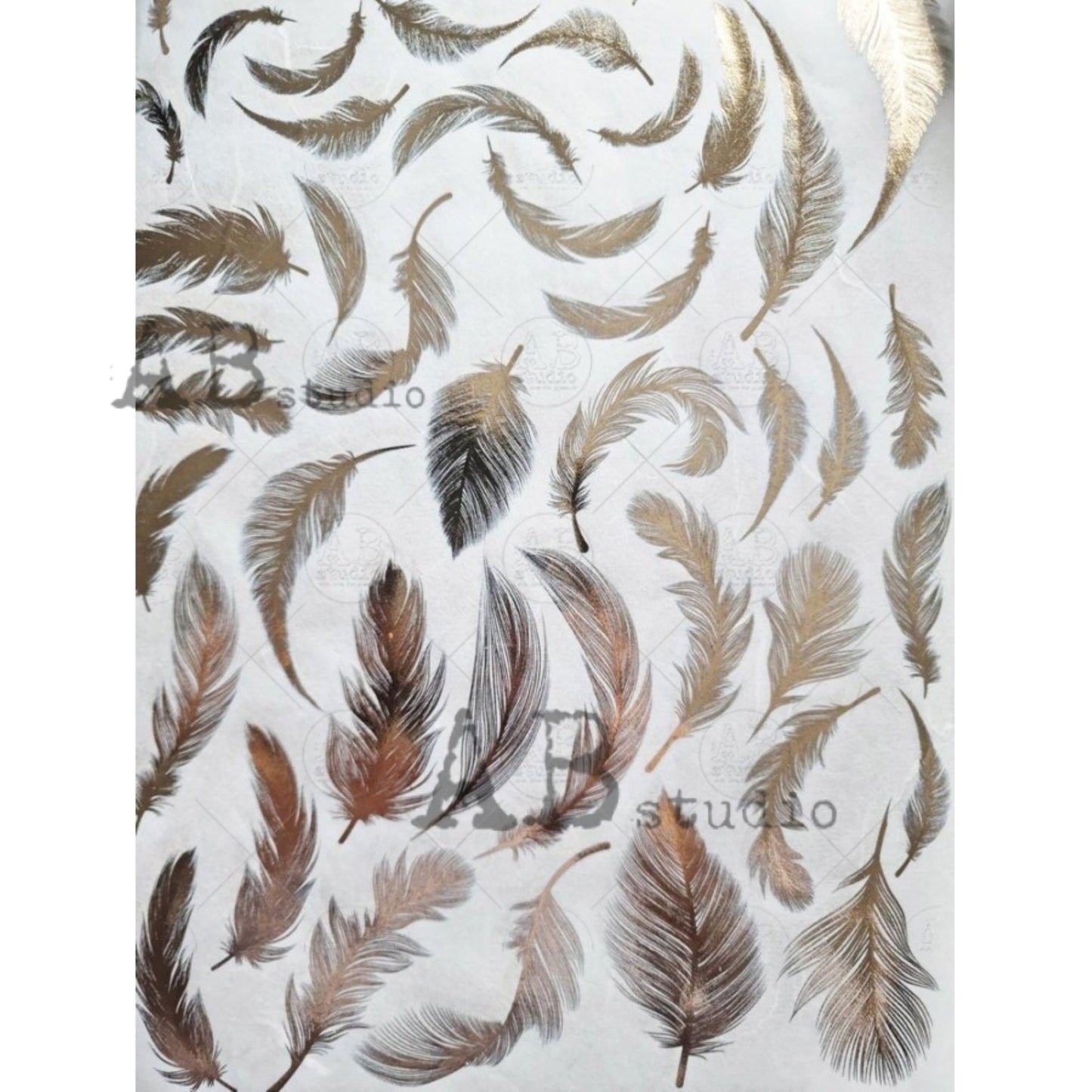 AB Studio,  Gold gilded, Feathers Design, background, No. 1424, Size: A4 - 8.27 X 11.69 in Rice Paper for Decoupage Imported from Poland