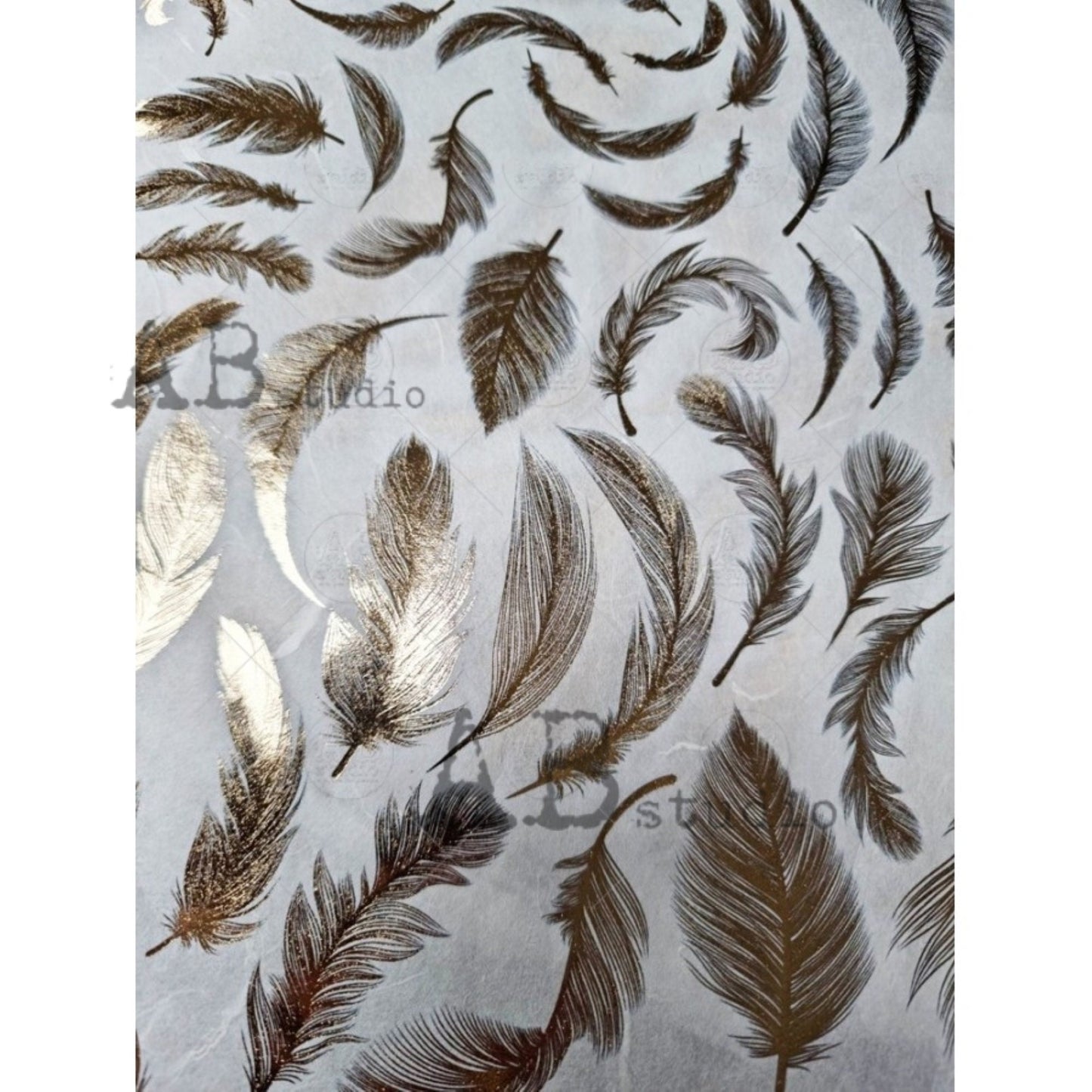 AB Studio,  Gold gilded, Feathers Design, background, No. 1424, Size: A4 - 8.27 X 11.69 in Rice Paper for Decoupage Imported from Poland