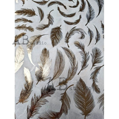AB Studio,  Gold gilded, Feathers Design, background, No. 1424, Size: A4 - 8.27 X 11.69 in Rice Paper for Decoupage Imported from Poland AB Studio