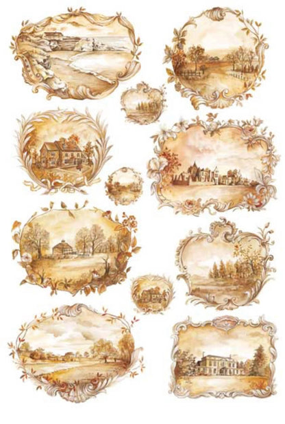 Calambour, BIGsmall Collection, Vintage style Framed Landscapes Rounds, squares, PAU 15 Rice Paper Decoupage 32 x 45 cm 12.5 x 17 in Calambour