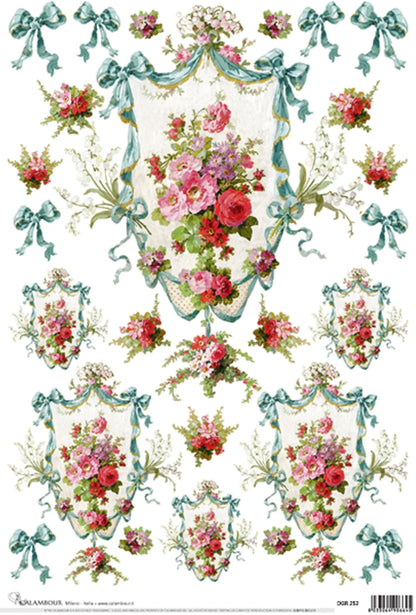 Calambour Design, Baroque Collection, Shabby Chic, Roses, Blue Ribbons, Bouquets, DGR 252, Rice Paper Decoupage 32 x 45 cm 19 x 13 in Calambour