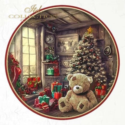 ITD Collection Rice Paper Mini Set for Decoupage RSM063, 6 sheets of rice paper 14,8x14,8 cm, Christmas, Tree, toys, mascots, teddy bears ITD Collection