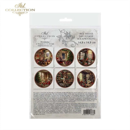 ITD Collection Rice Paper Mini Set for Decoupage RSM063, 6 sheets of rice paper 14,8x14,8 cm, Christmas, Tree, toys, mascots, teddy bears ITD Collection
