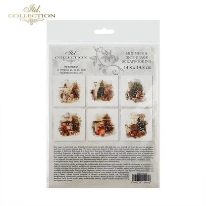 ITD Collection, Rice Paper, Mini Set, Decoupage RSM025, 6 sheets, 14,8x14,8 cm, Teddy bears, Christmas tree, Christmas Toys ITD Collection