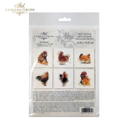 ITD Collection Rice Paper Mini Set for Decoupage RSM004, 6 sheets of rice paper 14,8x14,8 cm, Chickens, Roosters, Farm Animals ITD Collection