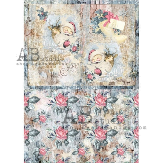 AB Studio Christmas Shabby Santa Roses 0365 Size: A4 - 8.27 X 11.69 inches Rice Paper for Decoupage Imported from Poland