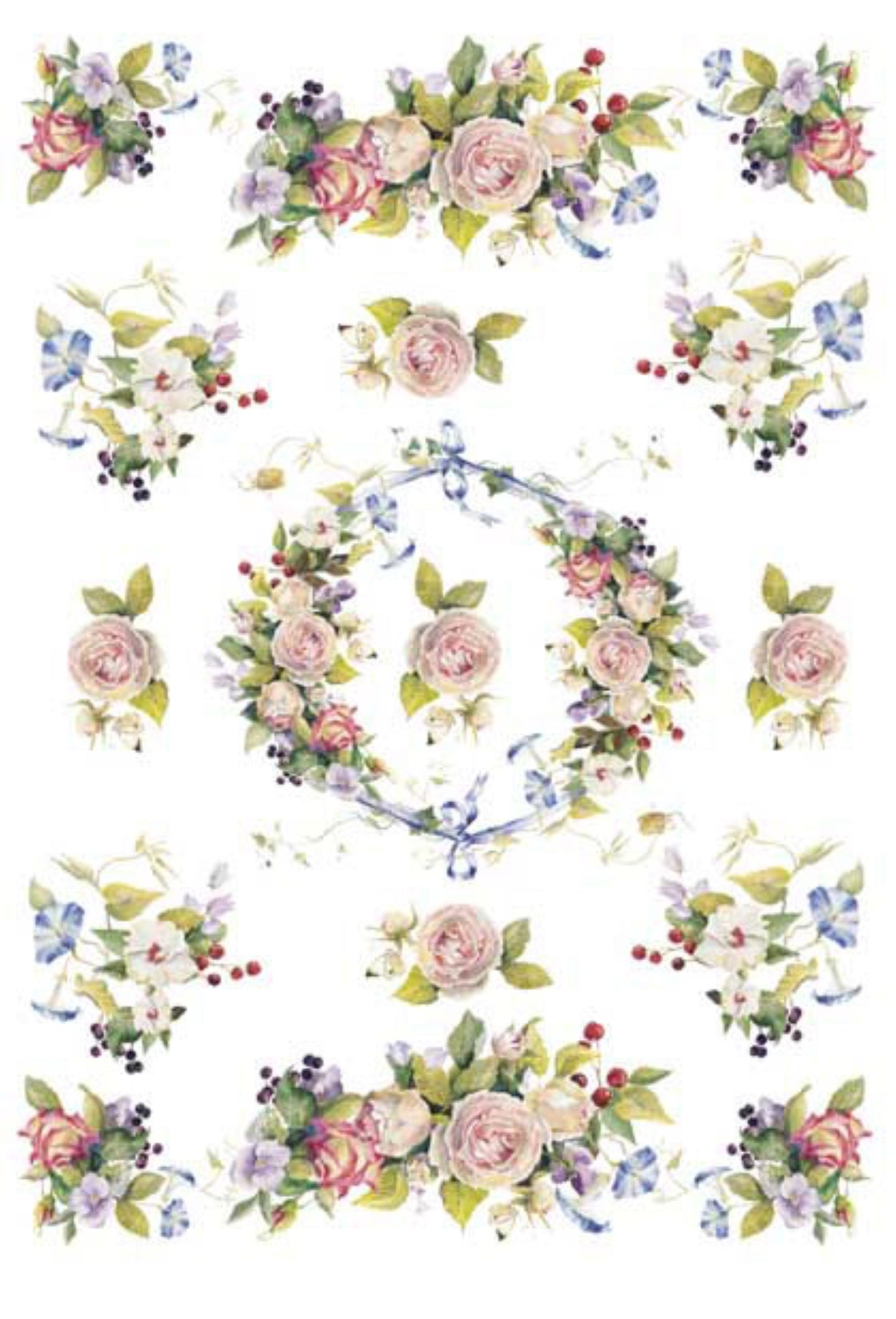 Calambour Design, PAU Collection, Shabby Chic, Pink Roses, Flowers, Sprays, Garland, PAU-02 Rice Paper Decoupage 34.5 x 49.5 cm 13.5 x 19 in