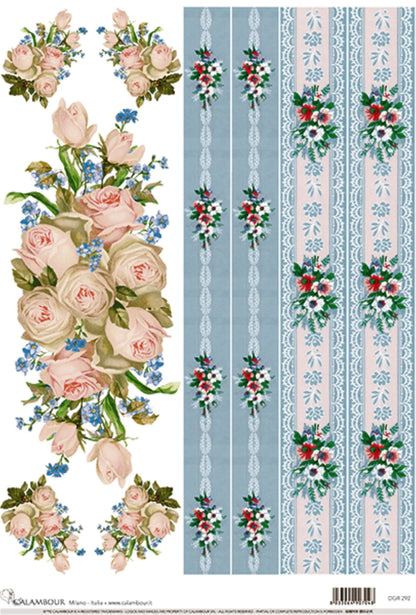 Calambour Italian Design, Couture Collection, Shabby Chic, Pink Roses, Blue Lace, DGR-292 Rice Paper Decoupage 32 x 45 cm 12.5 x 17 in Calambour
