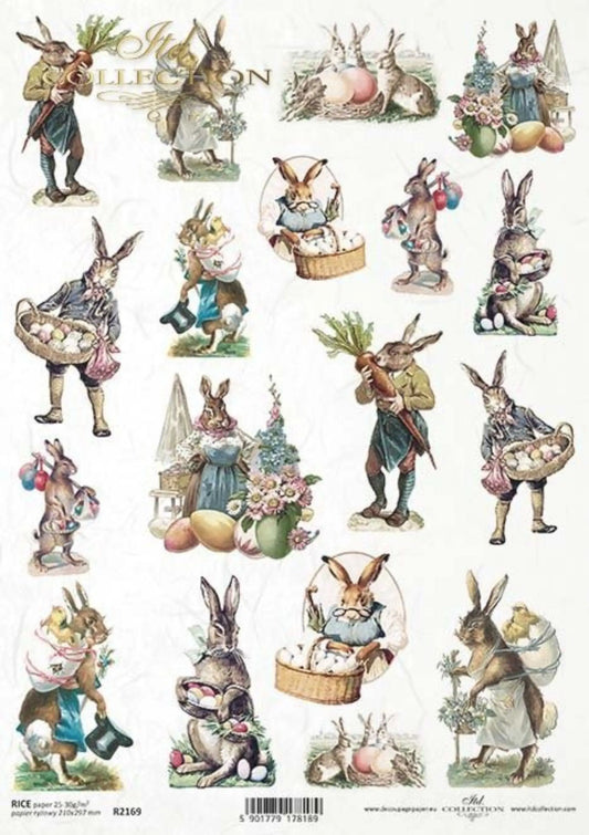 ITD Collection Rice Paper for Decoupage R2169, Size A4 - 210x297 mm, 8.27x11. inc, Vintage, Shabby Easter Bunnies, Rabbits, Easter Eggs ITD Collection