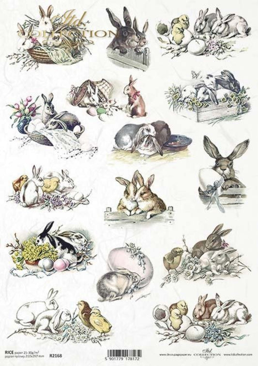 ITD Collection Rice Paper for Decoupage R2168, Size A4 - 210x297 mm, 8.27x11. inc, Vintage, Shabby Easter Bunnies, Rabbits, Easter Eggs