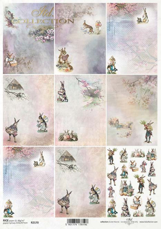 ITD Collection Rice Paper for Decoupage R2170, Size A4 - 210x297 mm, 8.27x11 , Vintage, Easter Bunnies, Rabbits, Easter Eggs miniatures