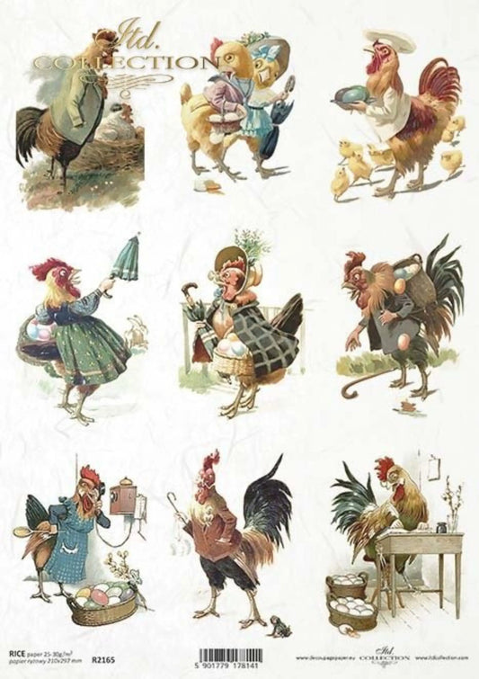 ITD Collection Rice Paper for Decoupage R2165, Size A4 - 210x297 mm, 8.27x11.7 inch, Easter Roosters, Eggs, Vintage Hens ITD Collection