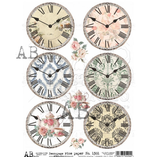 AB Studio Vintage Clocks Rounds Design #1381 Size: A4 - 8.27 X 11.69 inches Rice Paper for Decoupage Imported from Poland