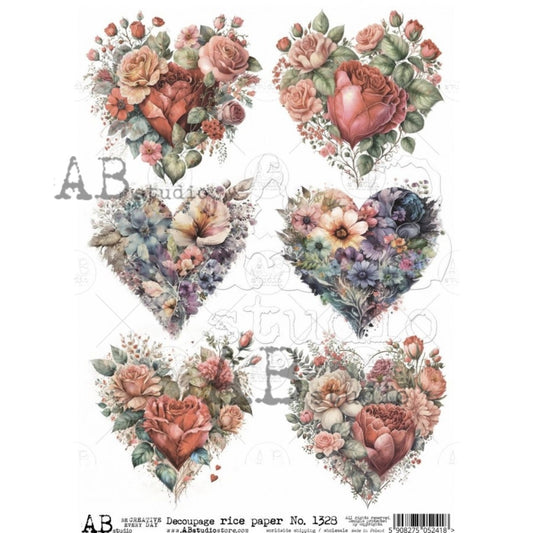 AB Studio, Roses, Floral, Hearts, Shapes, Valentines, Love, 1328, A4 - 8.27 X 11.69 inches Rice Paper for Decoupage Imported from Poland