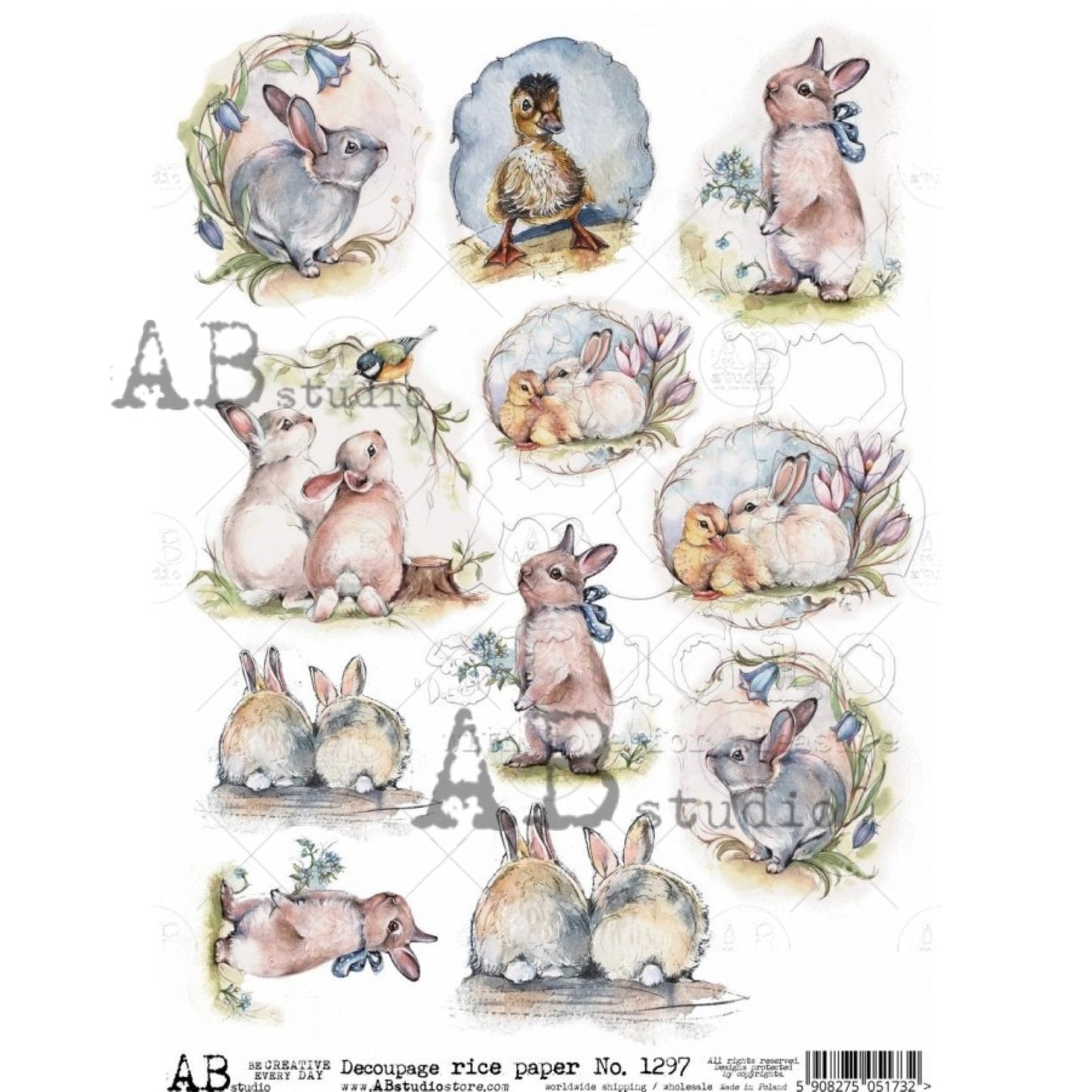 AB Studio, Rice Paper for Decoupage, Pastel, Spring, Easter, Bunnies, Chics, Rounds, Ducks, 1297, A4 - 8.27 X 11.6,  Imported from Poland