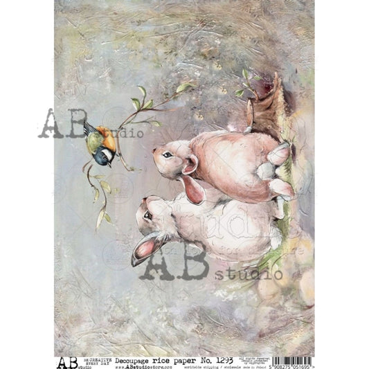 AB Studio, Rice Paper for Decoupage, Pastel, Spring, Easter, Bunnies, Bird, 1293, Size: A4 - 8.27 X 11.69 inches  Imported from Poland