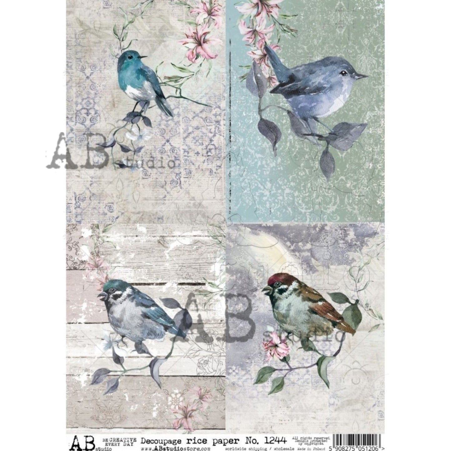 AB Studio Shabby Chic,  Spring Blue Birds, Squares, 1244, Size: A4 - 8.27 X 11.69 inches Rice Paper Decoupage Imported Poland