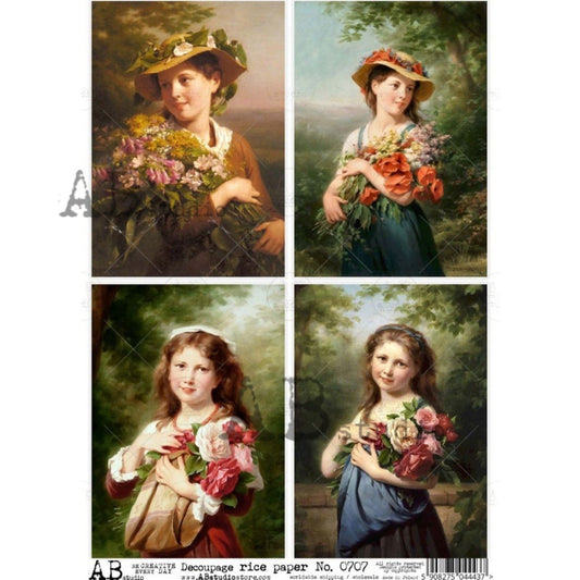 AB Studio Vintage Style Girls, Flowers, Portraits, Squares, 707, A4, Size: 8.27 X 11.69 inches Rice Paper for Decoupage Imported from Poland
