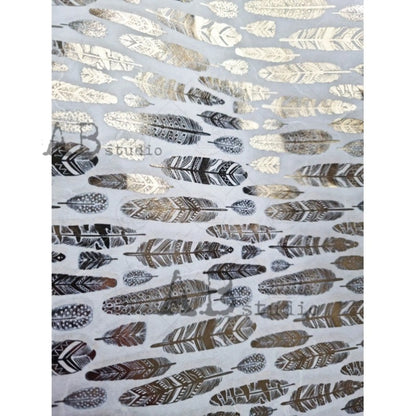 AB Studio,  Gold gilded, Feathers Design, background, No. 1425 Size: A4 - 8.27 X 11.69 in Rice Paper for Decoupage Imported from Poland AB Studio