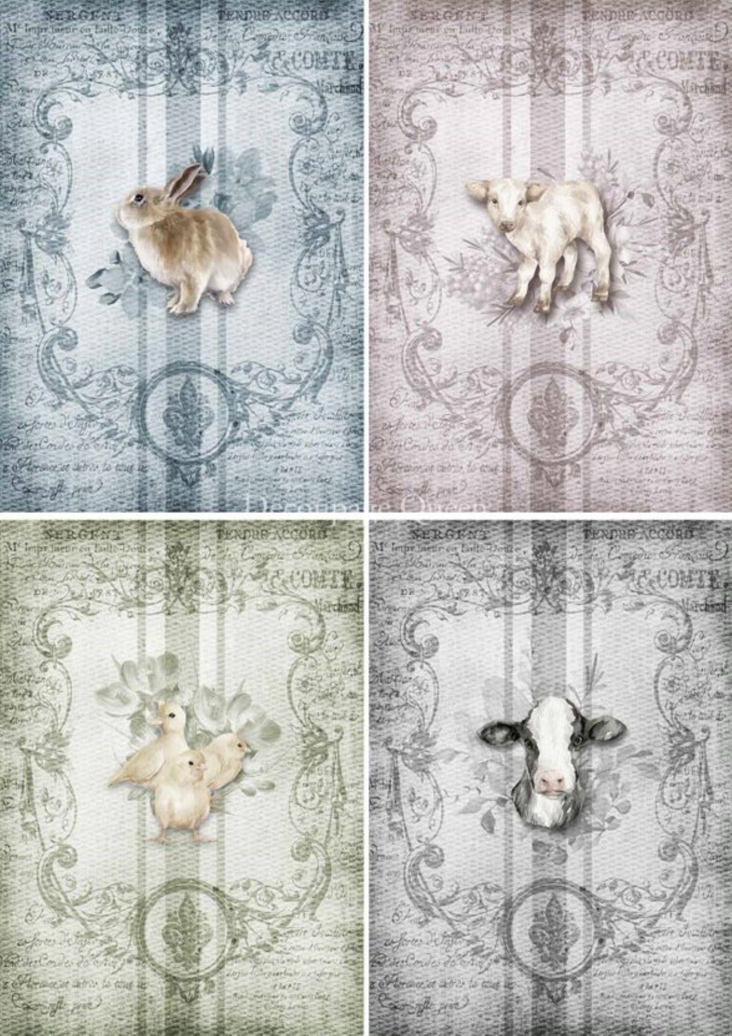 Decoupage Queen Spring Animals 4 pack, Vintage Design, DQRP 0427, A4 Size: A4 - 8.3" X 11.7" Rice Paper, 2023 Spring Release