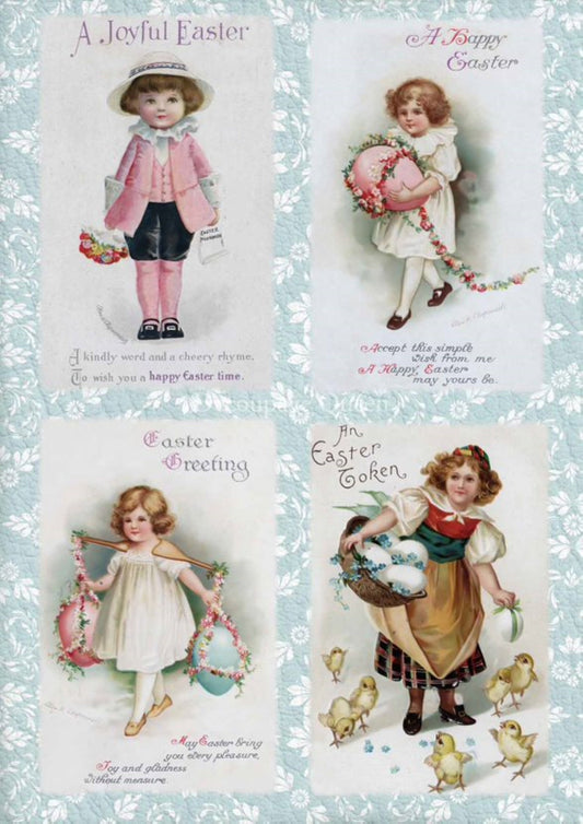 Decoupage Queen Easter Kids, Vintage Design, 4 pack, DQRP 0428, A4 Size: A4 - 8.3" X 11.7" Rice Paper, 2023 Spring Release